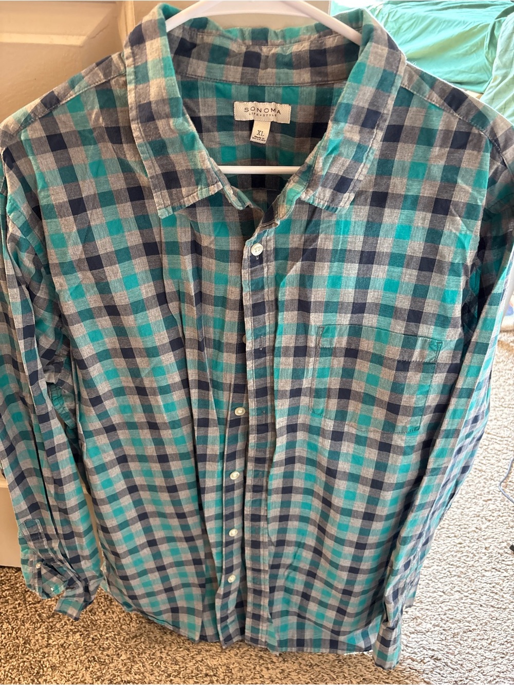 Sonoma Teal and Navy Plaid Long-Sleeve Button-Down Shirt